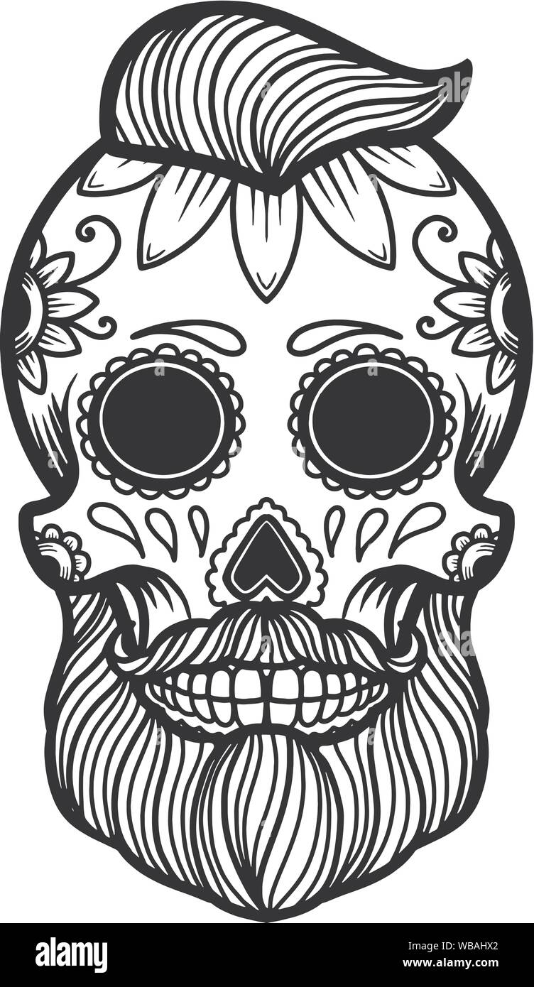 Hand drawn mexican bearded sugar skull isolated on white background design element for poster card banner t shirt emblem sign vector illustrati stock vector image art