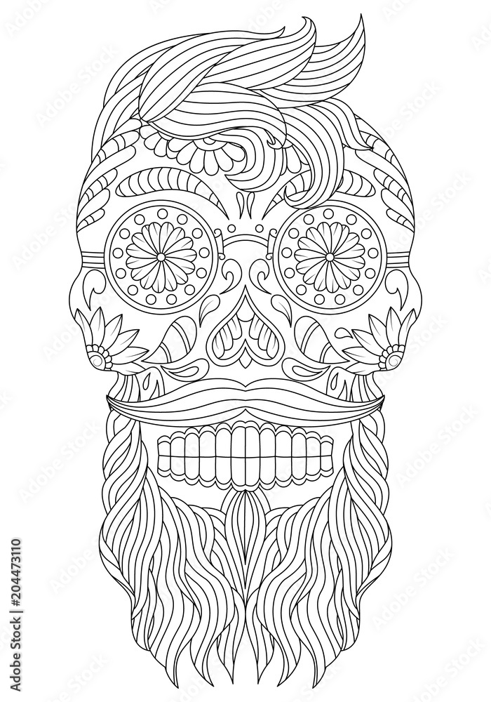 Hand drawn mexican sugar skull with hair and mustache design elements label emblem poster t