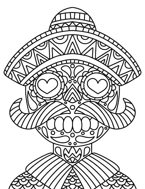 Handdrawn skeleton with mustaches coloring page for adults stock vector illustration stock illustration