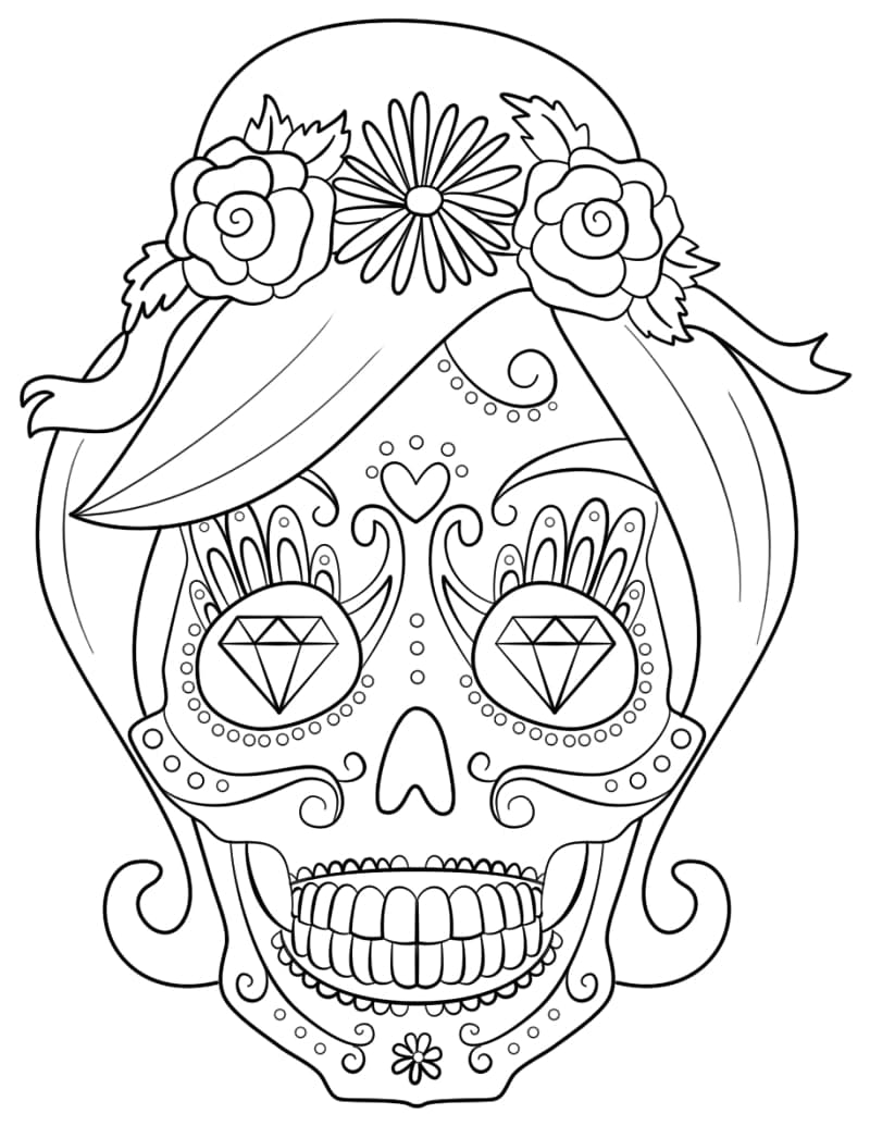 Sugar skull with mustache coloring page