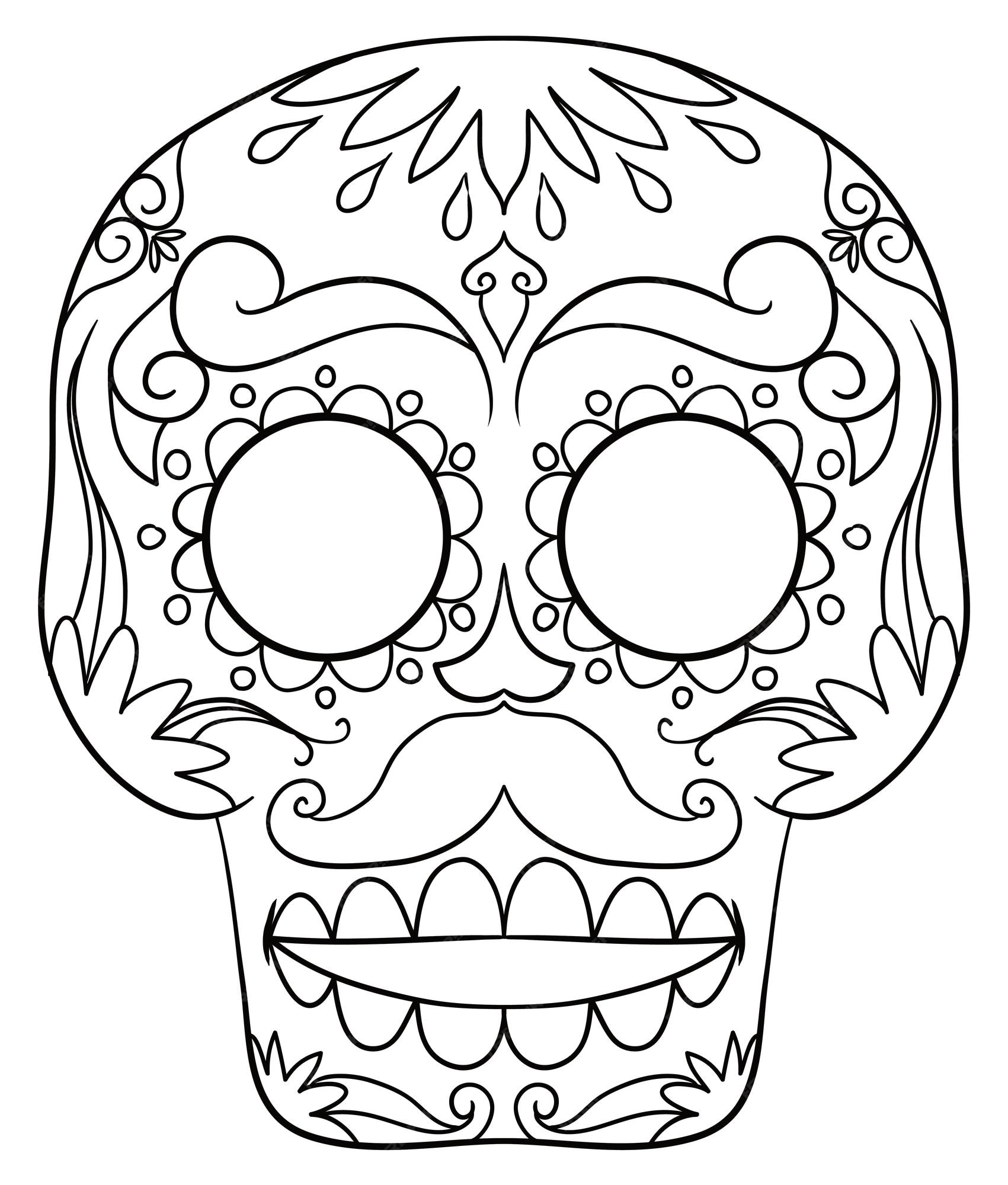 Premium vector skull with mustache and traditional mexican pattern to color it for day of the dead celebration