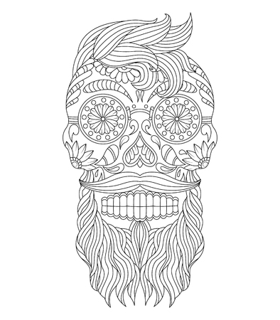 Hand drawn mexican sugar skull with hair and mustache design elements label emblem poster t