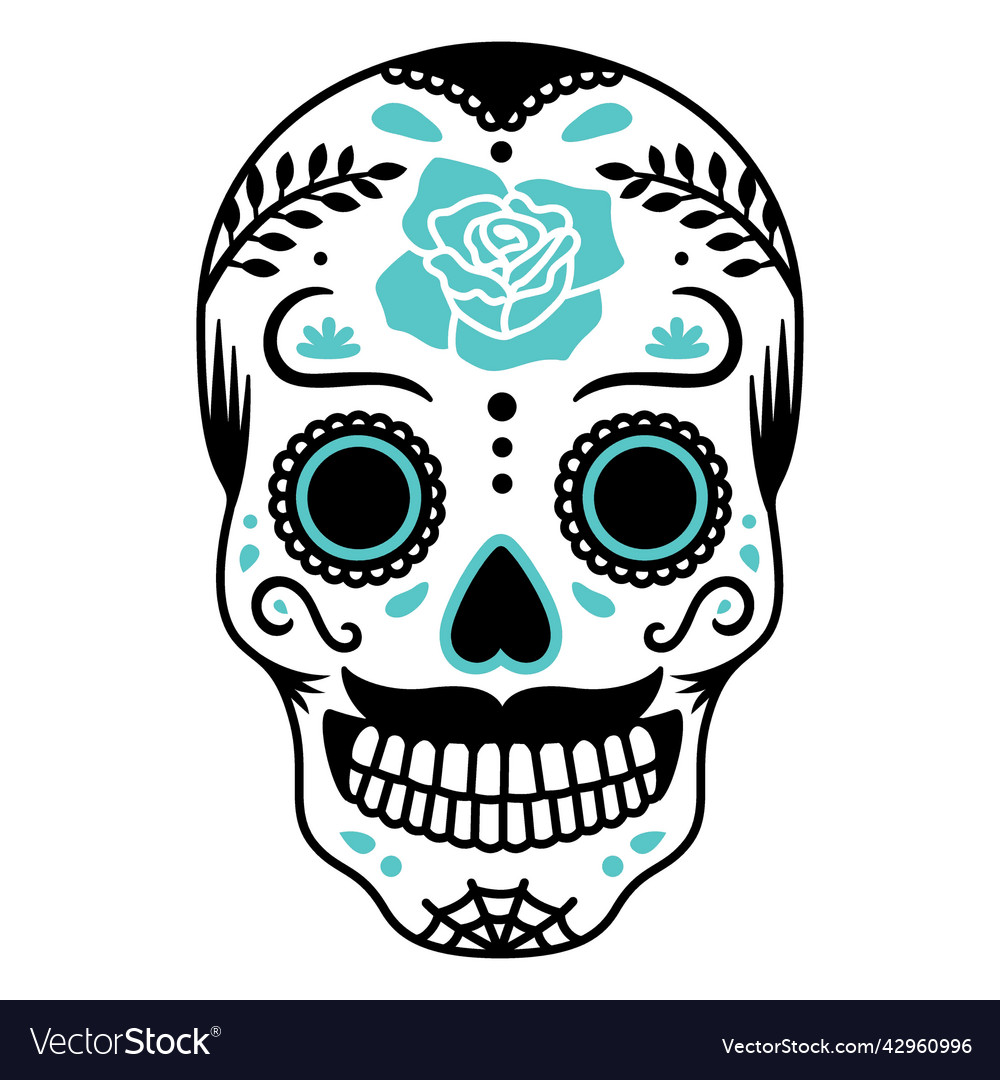 Blue sugar skull moustache color stroke high vector image