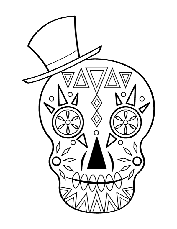 Printable sugar skull with hat coloring page