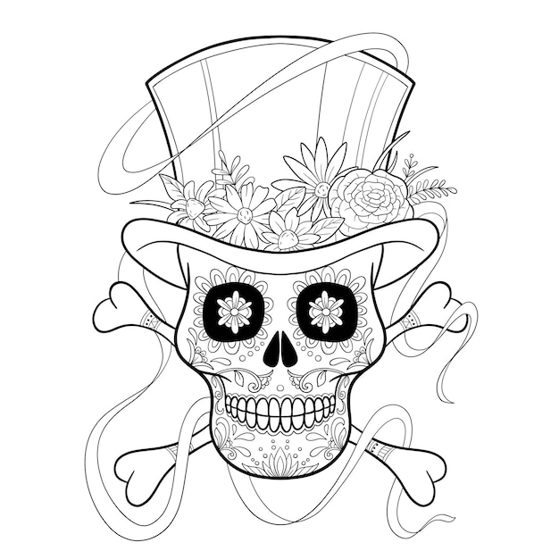 Premium vector sugar skull in the hat with flowers