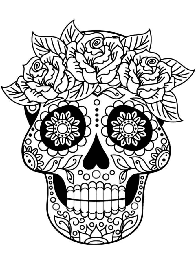Sugar skull with roses coloring page