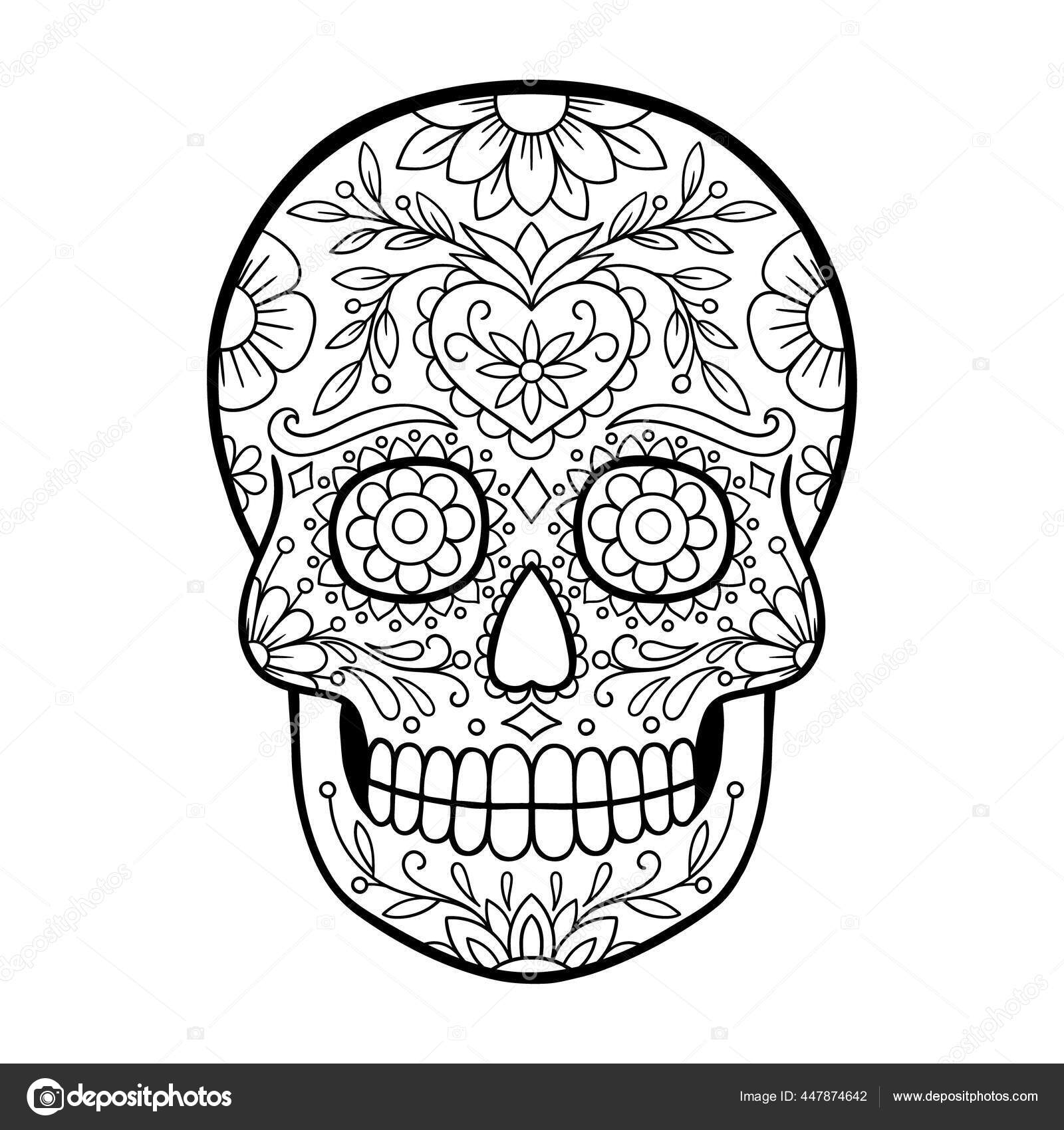 Day dead sugar skull tattoo mexican skull coloring page stock vector by inshna