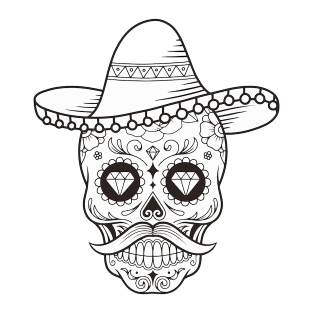 Premium vector sugar skull day of the day mask with hat vector illustration
