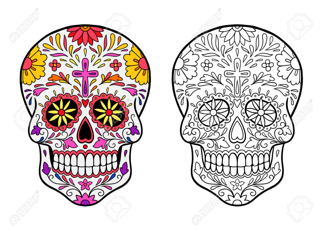 Sugar skull coloring page sugar skull with decorative pattern royalty free svg cliparts vectors and stock illustration image