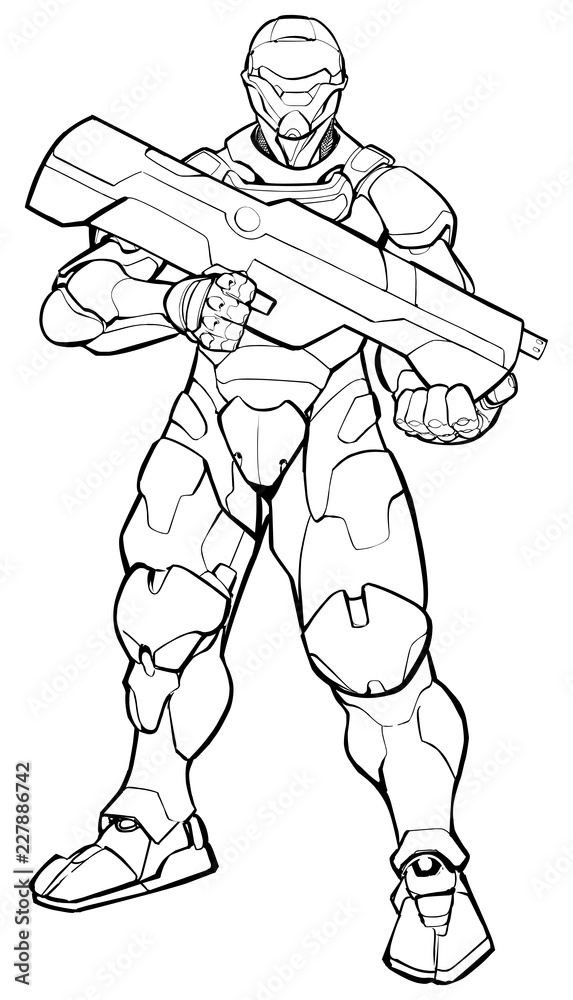 Line art illustration of futuristic soldier in high