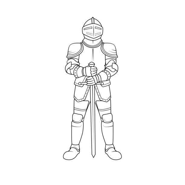 Black and white vector illustration of childrens activity coloring book pages with pictures of character knight stock illustration