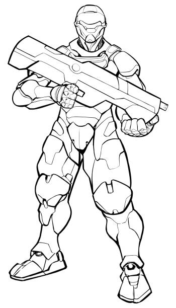 Futuristic soldier line art stock illustration
