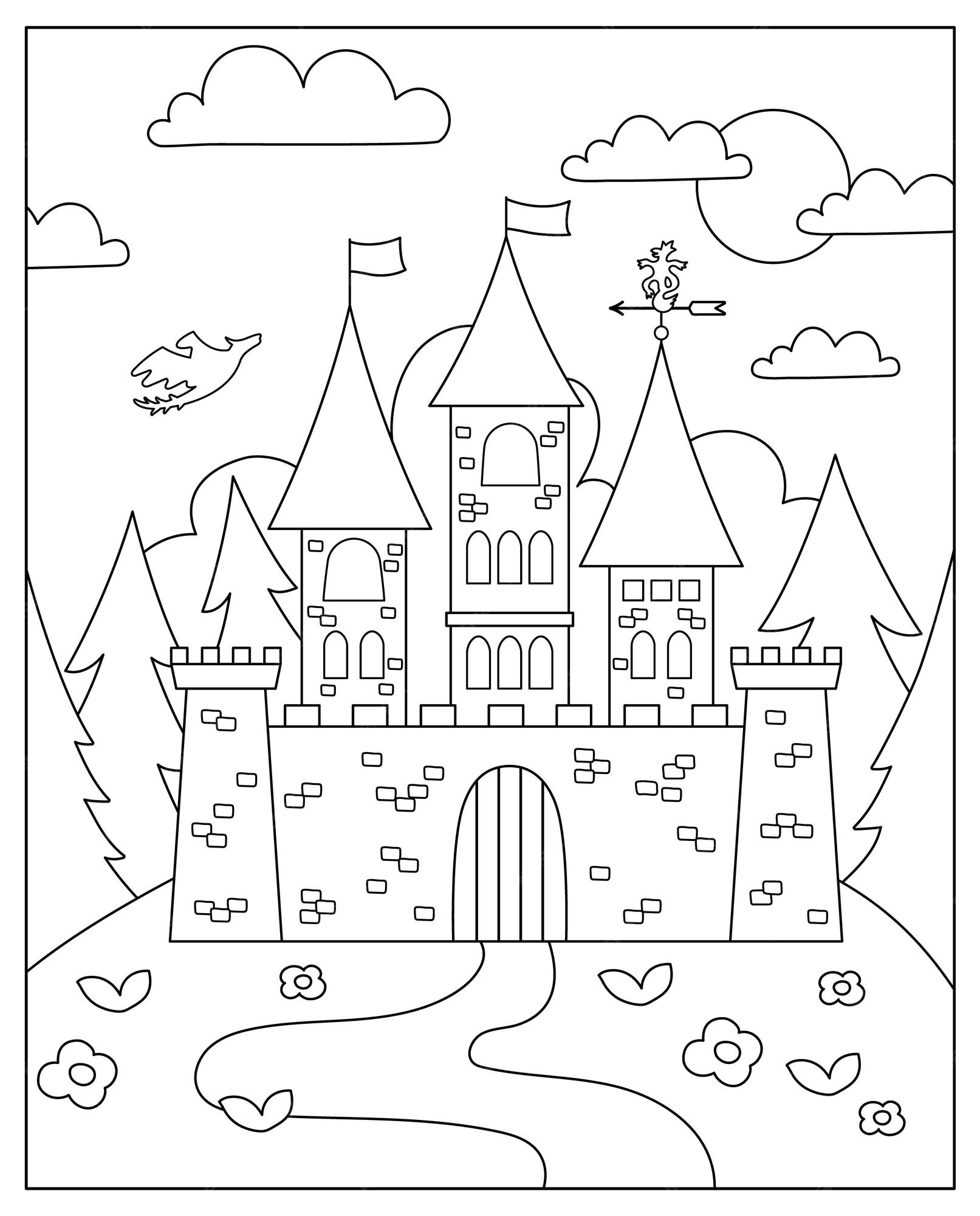 Premium vector vector black and white fairytale landscape with castle on a hill fairy tale background magic kingdom coloring page scenery illustration with medieval palace towers flags trees flying dragonxa
