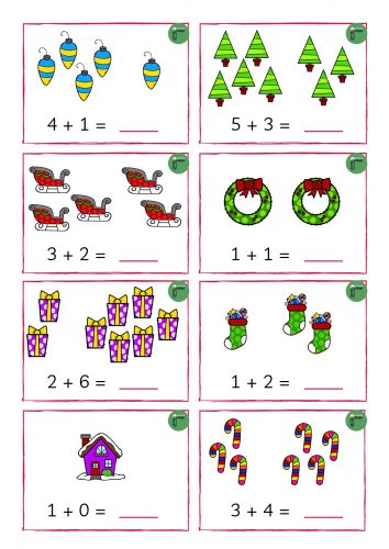 Coloridas tarjetas de sumas hasta el navidad