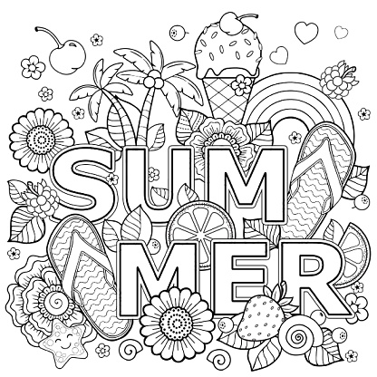 Hand drawn coloring book for adult summer holidays party and rest stock illustration