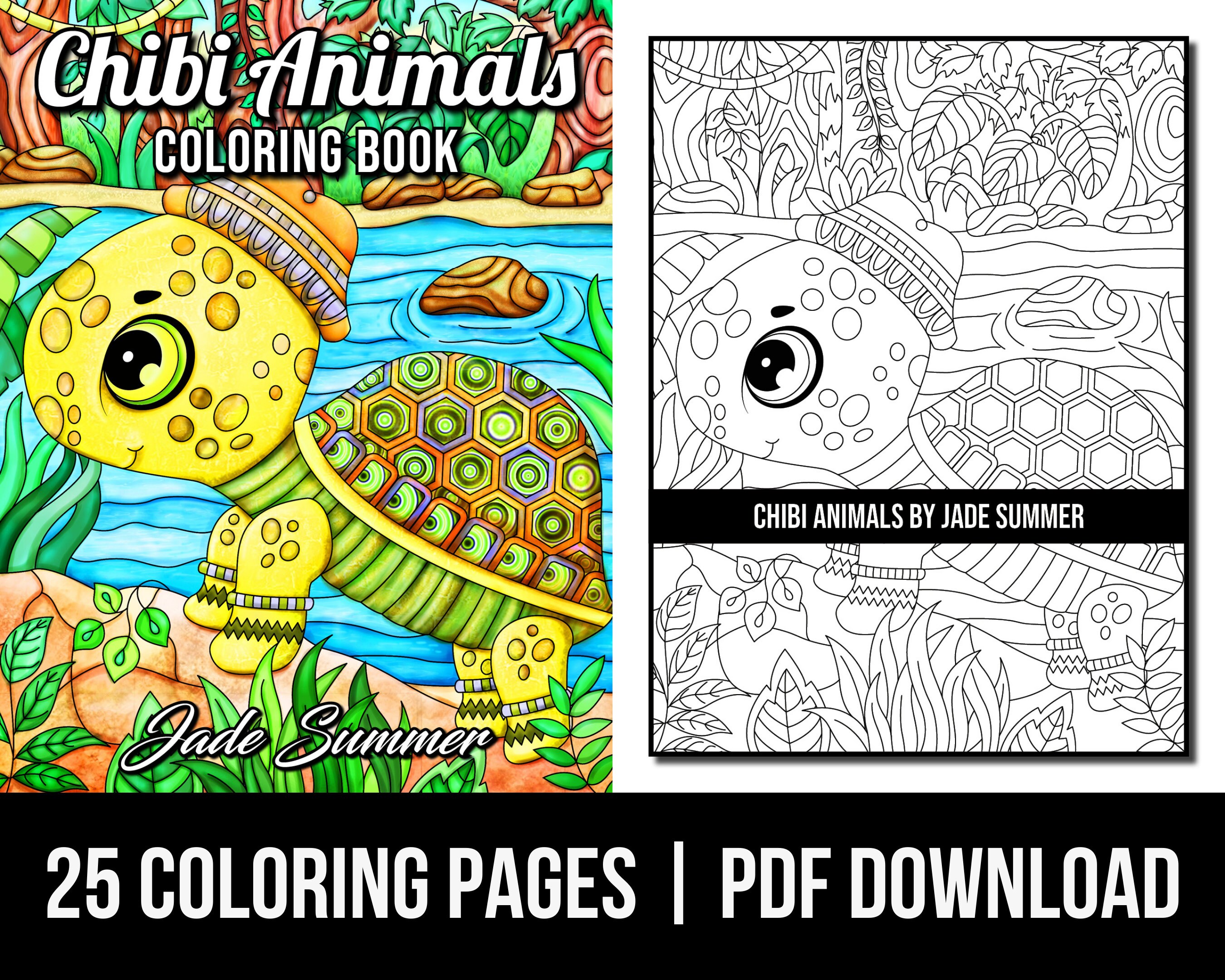 Animal coloring pages chibi animals adult coloring book by jade summer digital coloring pages printable pdf download