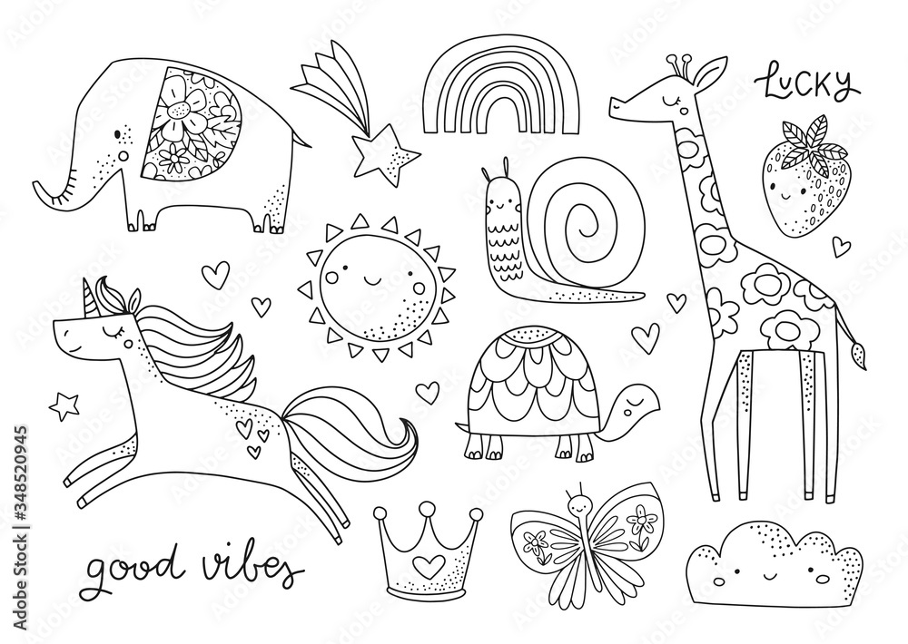 Cute hand drawn childish illustration in black and white kids coloring pages animal fairytale summer characters for kids and baby elephant unicorn giraffe sun rainbow snail butterfly vector