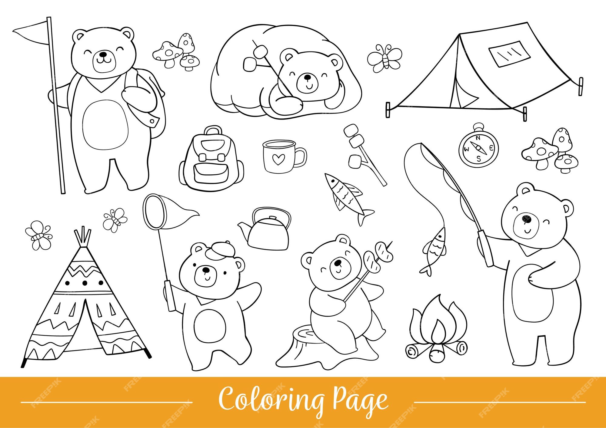 Premium vector coloring page cute bear summer camp