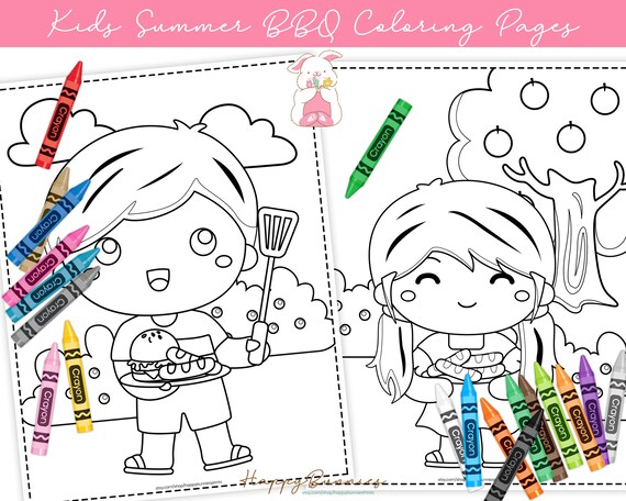 Kids summer barbeque coloring pages set of summer bbq coloring pages kids coloring pages instant download printable coloring pages