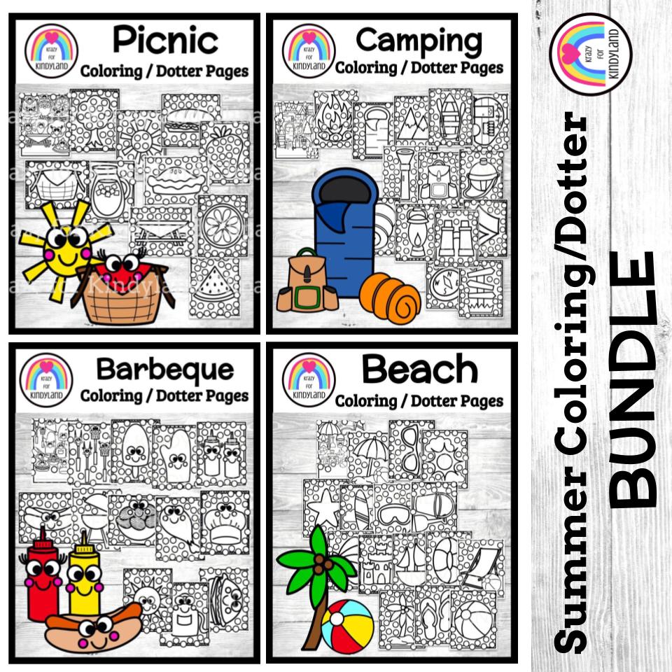 Summer coloring dauber pages bundle picnic barbecue beach camping