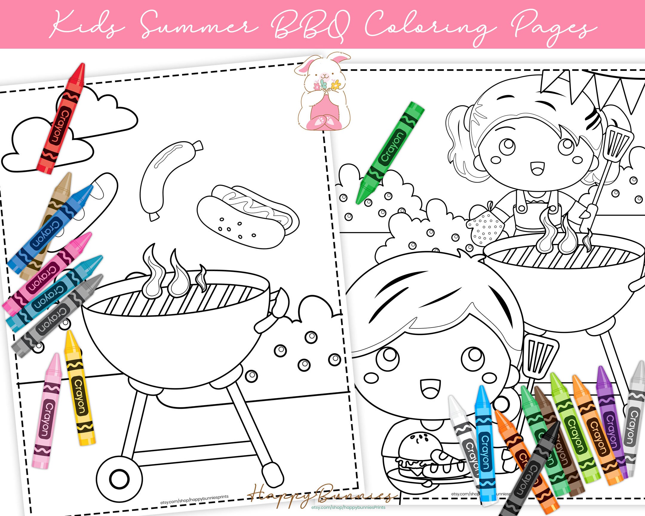 Kids summer barbeque coloring pages set of summer bbq coloring pages kids coloring pages instant download printable coloring pages
