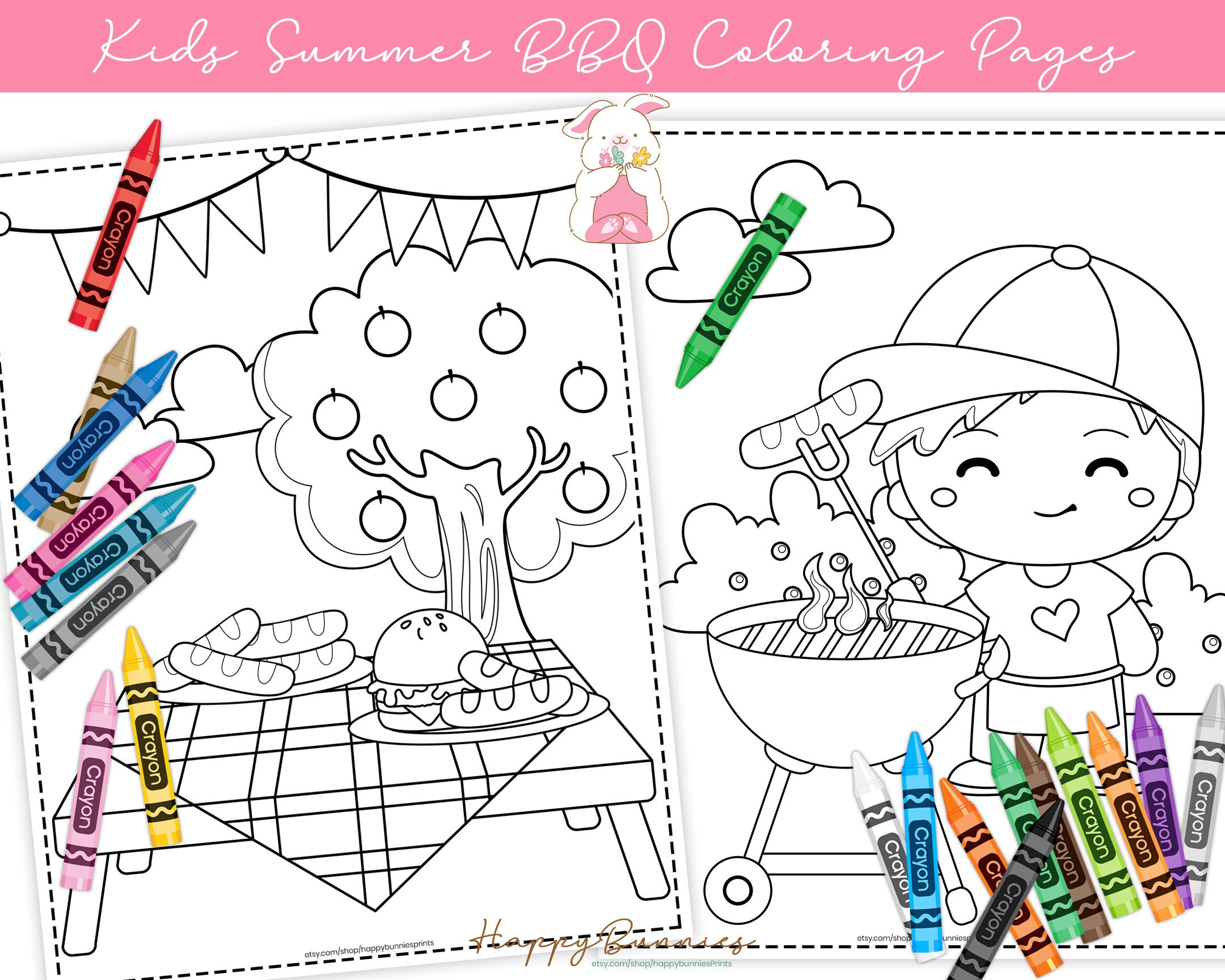 Kids summer barbeque coloring pages set of summer bbq coloring pages kids coloring pages instant download printable coloring pages