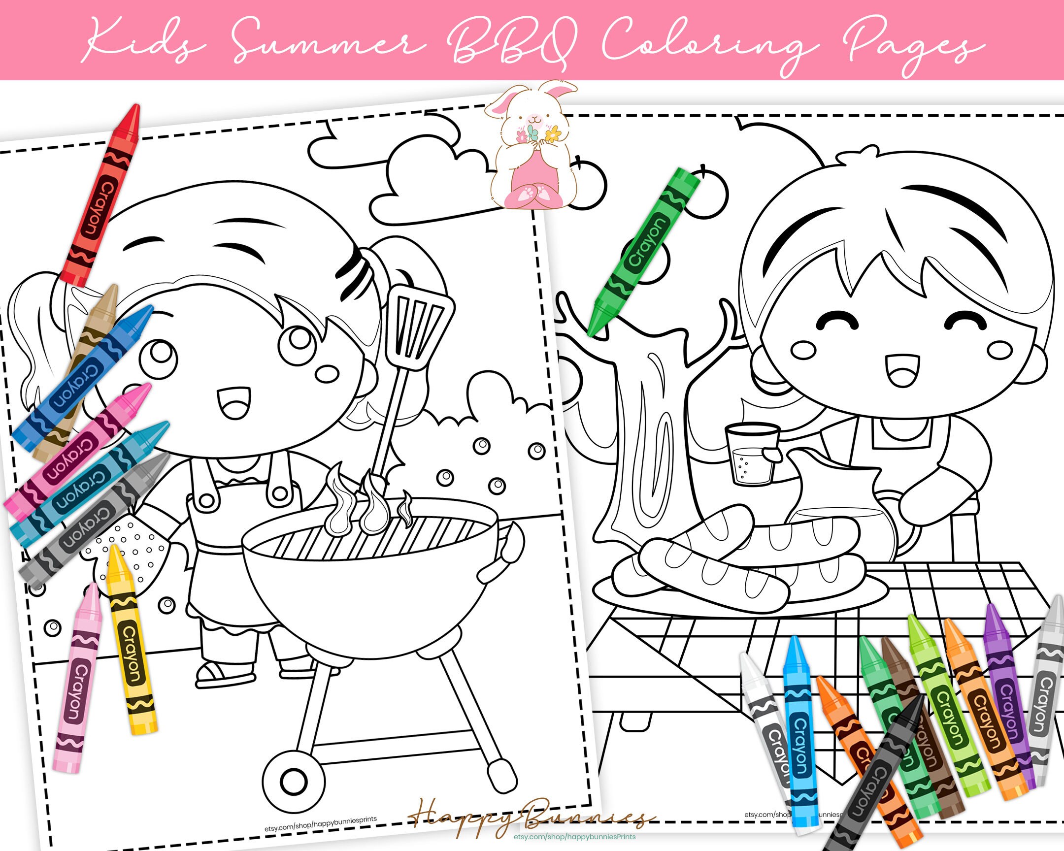 Kids summer barbeque coloring pages set of summer bbq coloring pages kids coloring pages instant download printable coloring pages