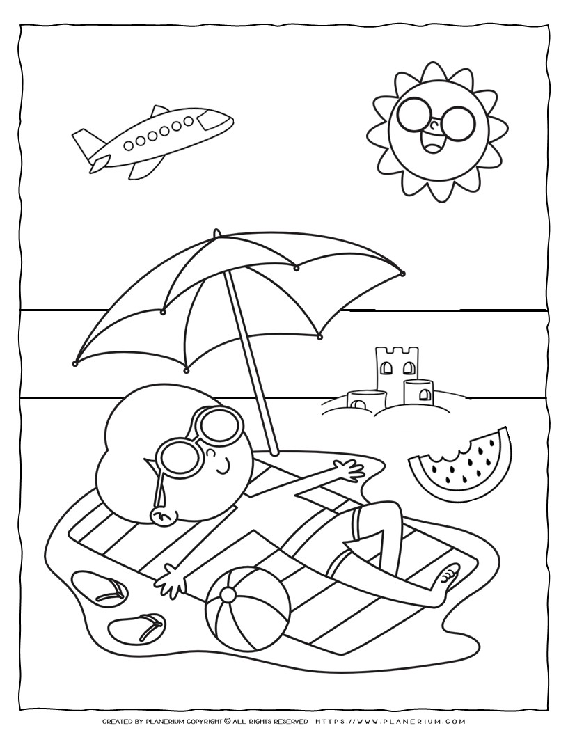 Boy on beach towel coloring page summer activity for kids