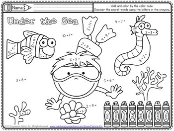 Addition math center coloring page free color by number summer tpt