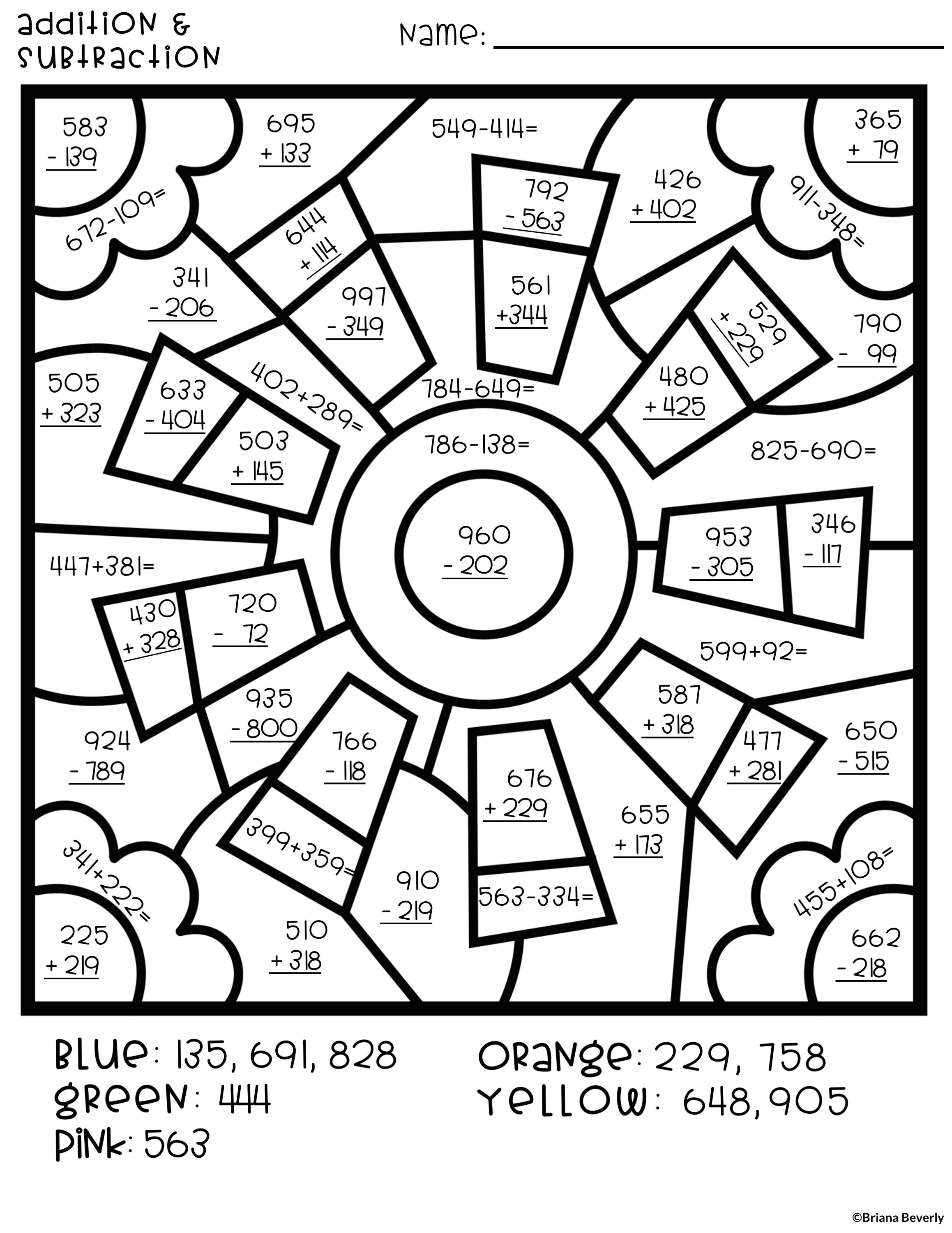 Summer color by number triple digit addition subtraction â teaching with briana beverly