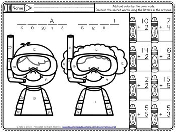 Addition math center coloring page free color by number summer tpt
