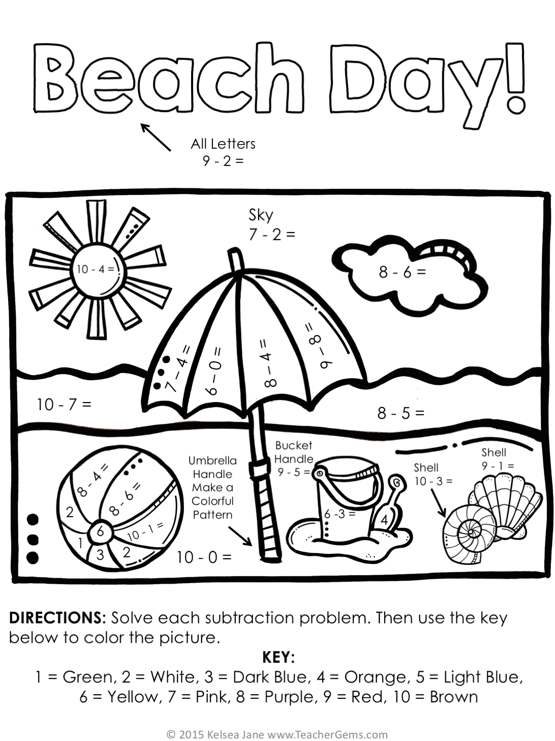 Summer color by number addition and subtraction to â teacher gems