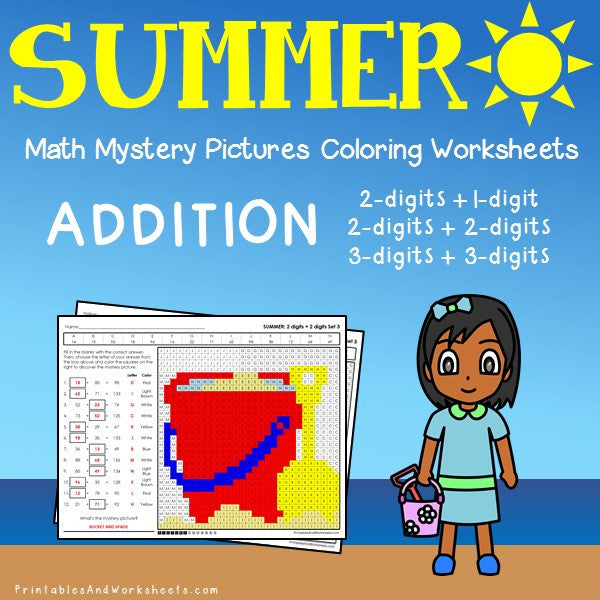 Summer addition mystery pictures coloring worksheets