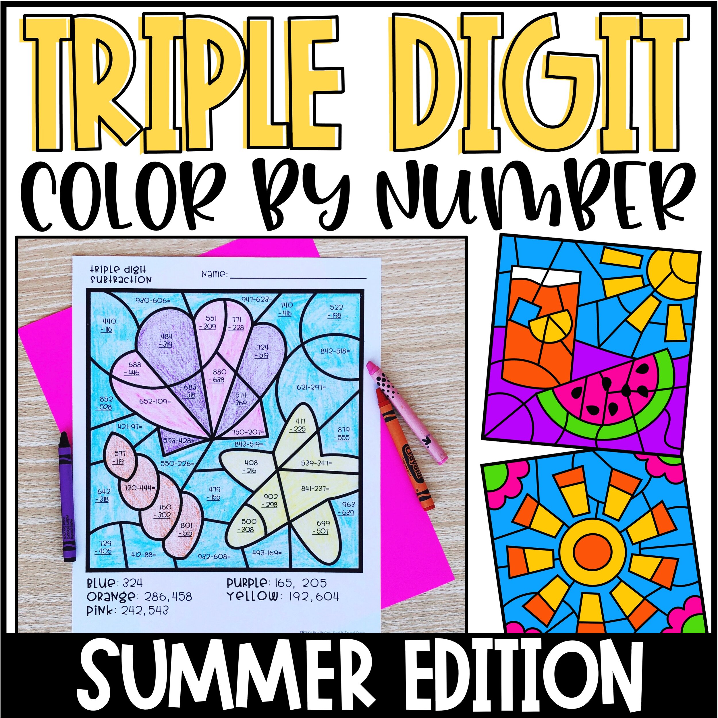 Summer color by number triple digit addition subtraction â teaching with briana beverly
