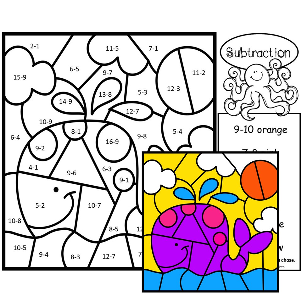 Summer ocean color by number subtraction mixed made by teachers