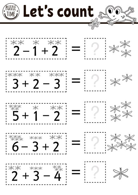 Premium vector how many dragonflies black and white game with cute insects and frog summer forest math addition outline activity for children printable simple counting worksheet or coloring page for kidsxa