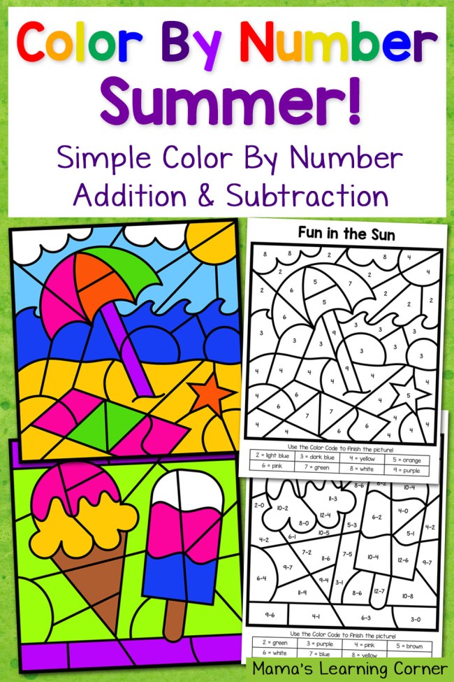 Summer color by number worksheets with simple numbers plus addition and subtraction