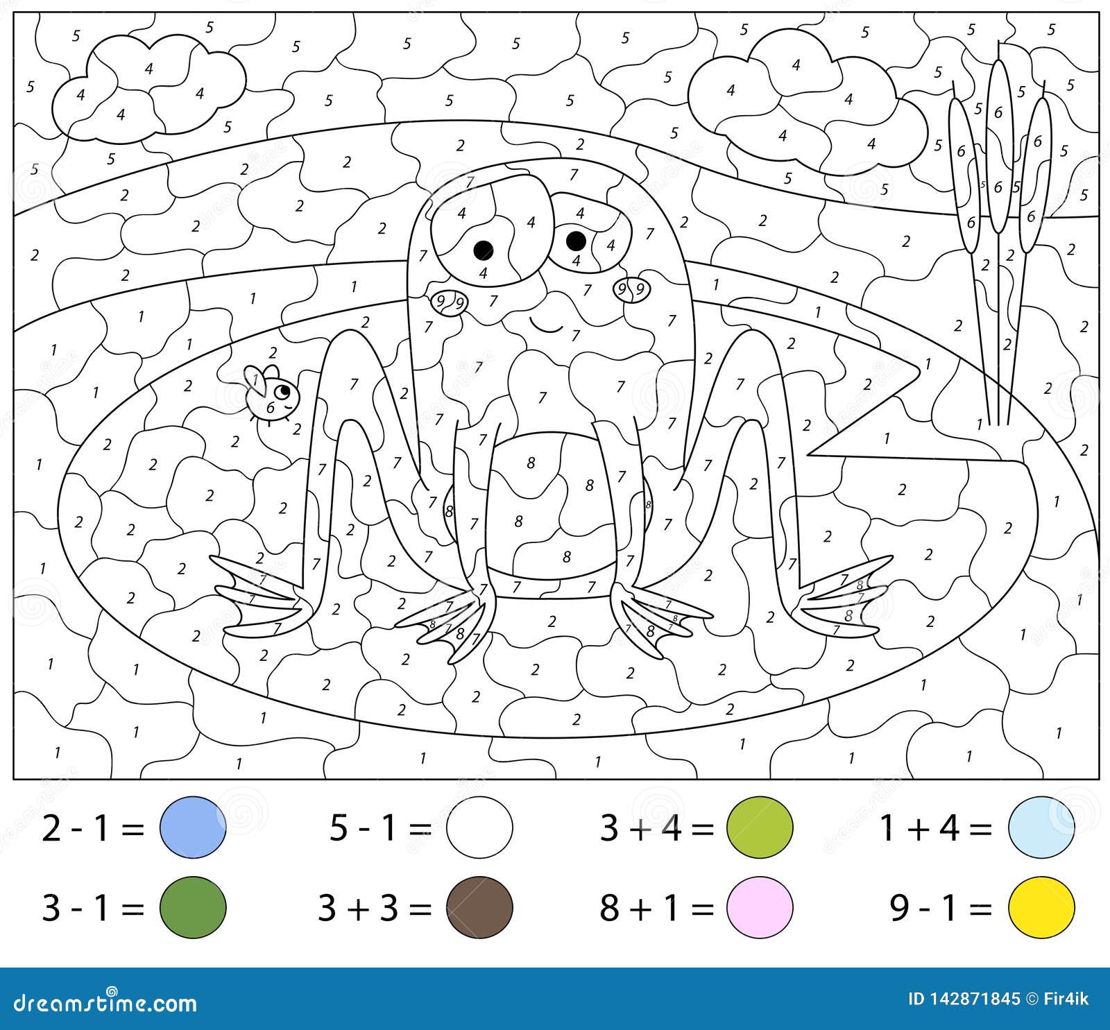 Cute cartoon frog in the summer lake addition and subtraction tasks stock vector