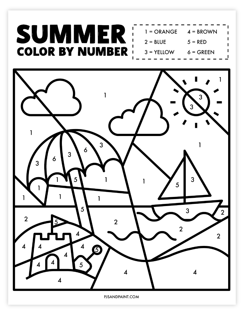 Free printable summer color by number worksheet