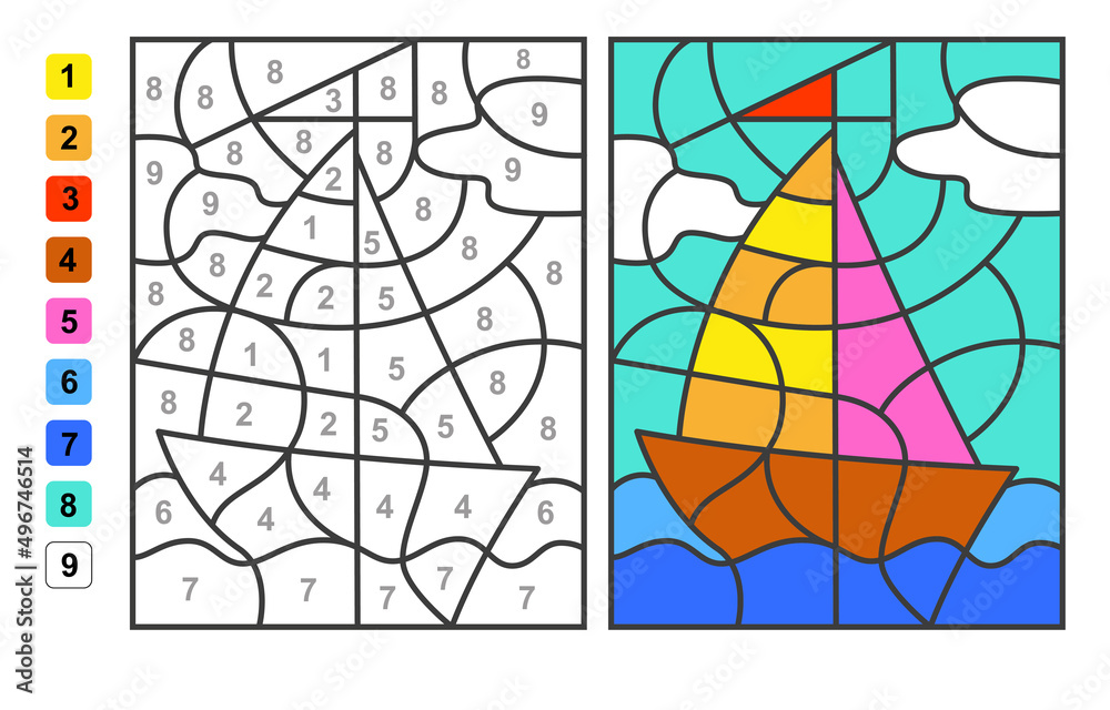 Color by numbers summer vacation puzzle game for children education colors for drawing and learning mathematics vector