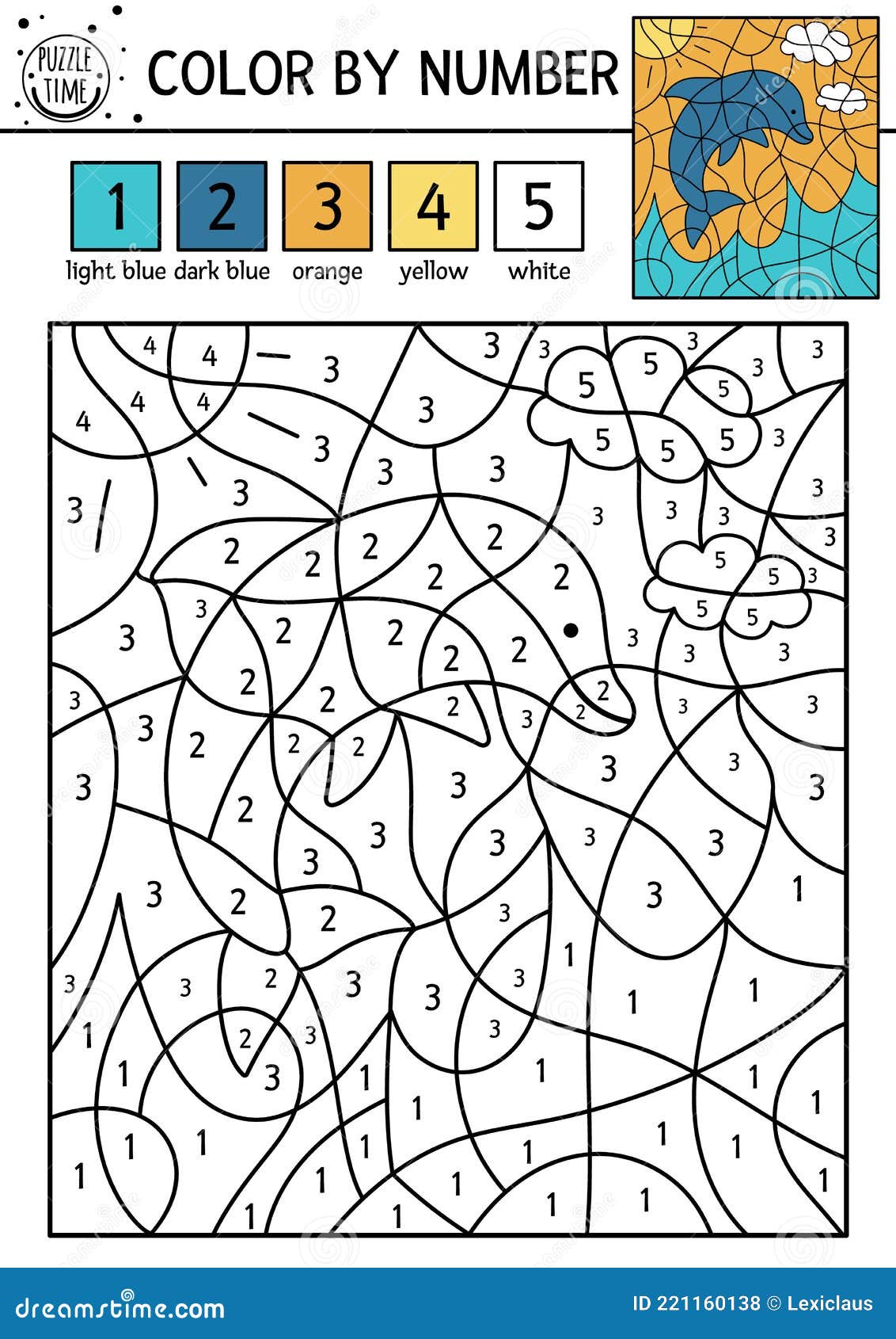 Vector tropical color by number activity with dolphin sun leaves and sea summer coloring and counting game with cute animal stock vector