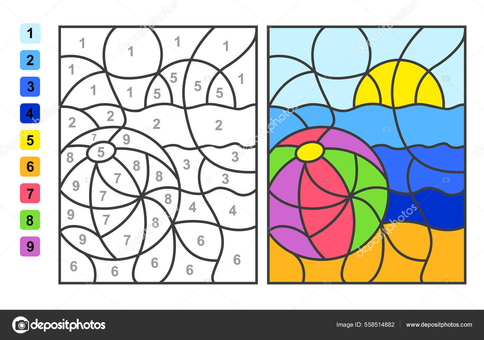 Color numbers summer vacation puzzle children education colors drawing learning stock vector by natasha