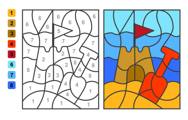 Color by numbers summer vacation puzzle game for children education colors for drawing and learning mathematics stock illustration