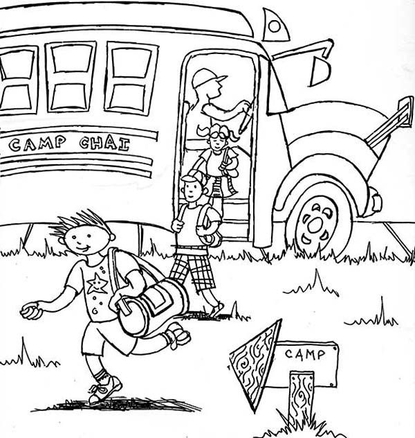 Arrived on summer camp location with school bus colorg page
