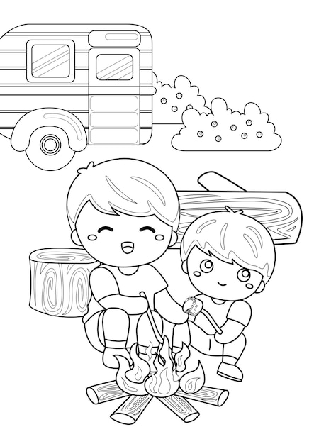 Premium vector coloring pages for kids a page summer camp camping theme