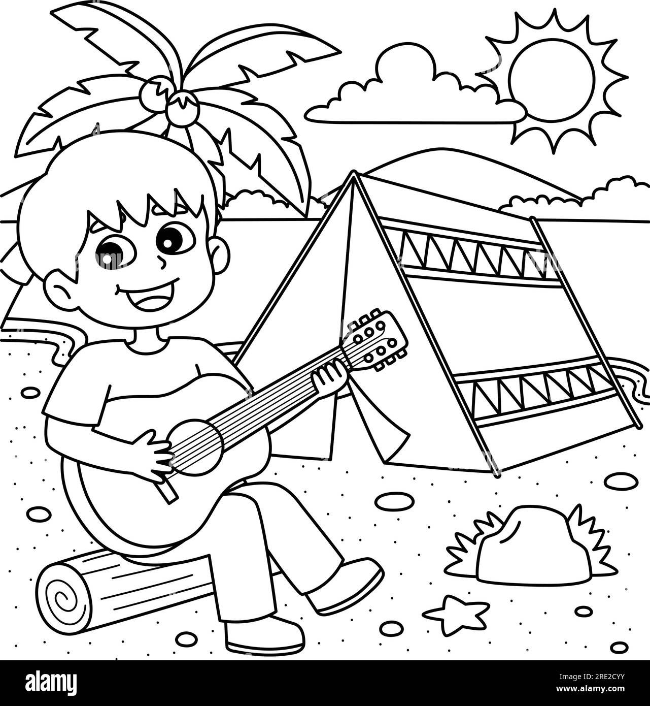 Boy summer camping coloring page for kids stock vector image art