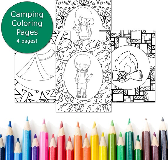 Camping coloring pages for kids printable camping party favor camping teacher activity summer coloring book ourtdoor coloring