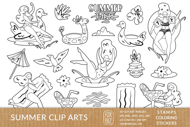 Summer girls clipart digital prints stamps coloring page