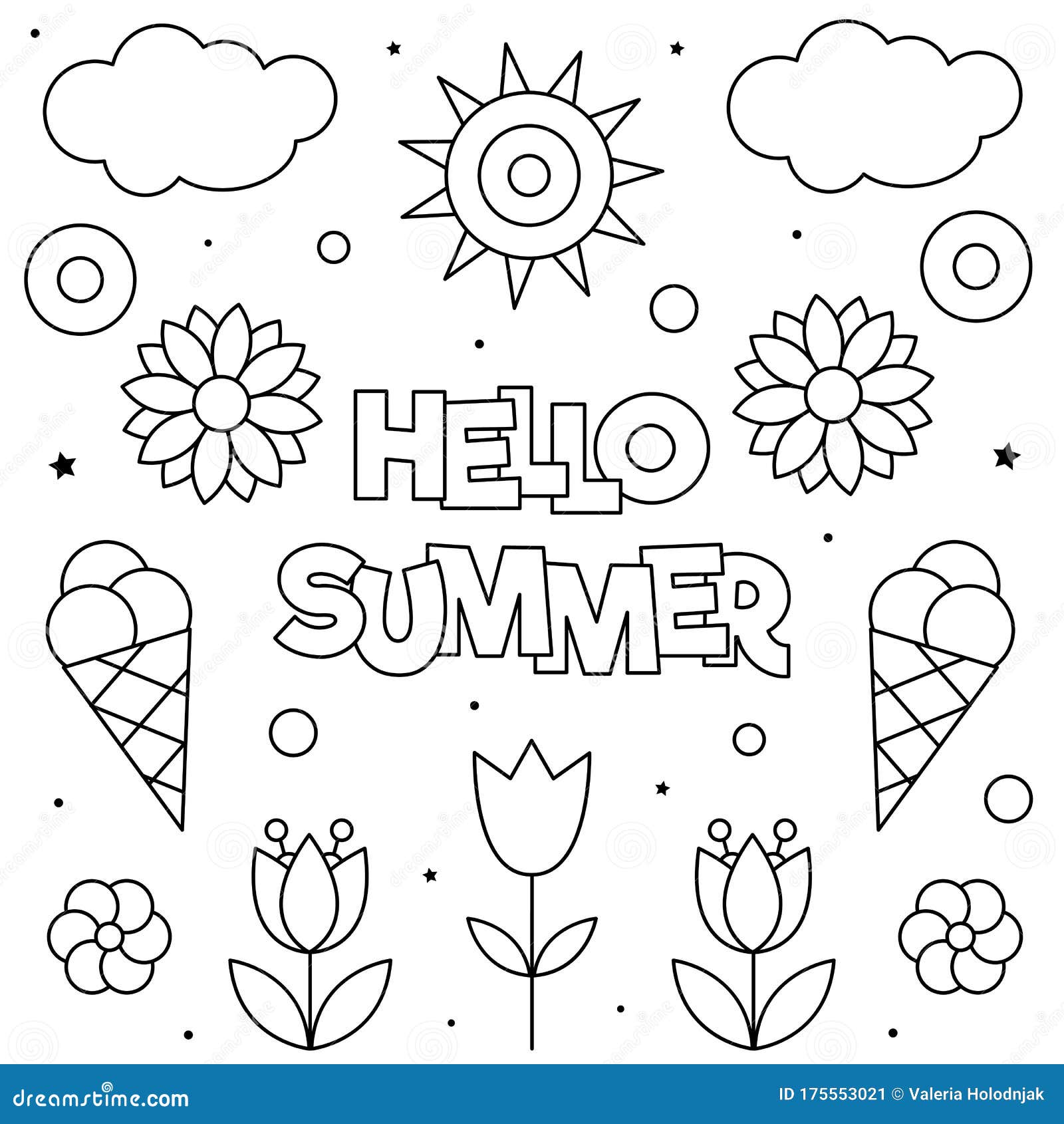 Hello summer coloring page black and white vector illustration stock vector