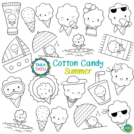Cotton candy summer clipart fun and cute summer digital stamps printable coloring pages for kids kawaii beach day clipart printable